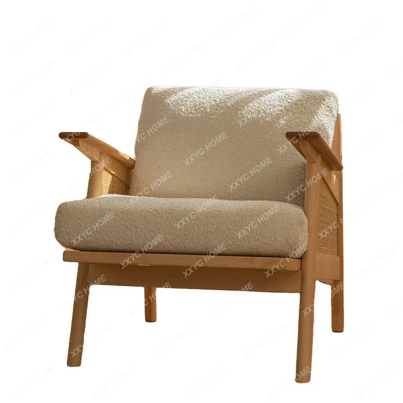 

Rattan Couch Small Apartment Single Armchair Solid Wood Leisure Balcony Backrest Recliner living room furniture