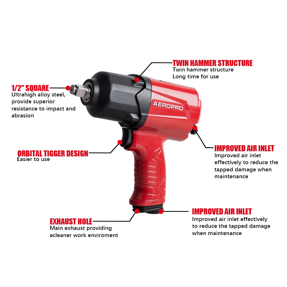 Chave de Impacto AEROPRO-Drive, Potência Ajustável Martelo Duplo, Saída de Choque Aéreo, Max 1200FT-LBs, 1/2\