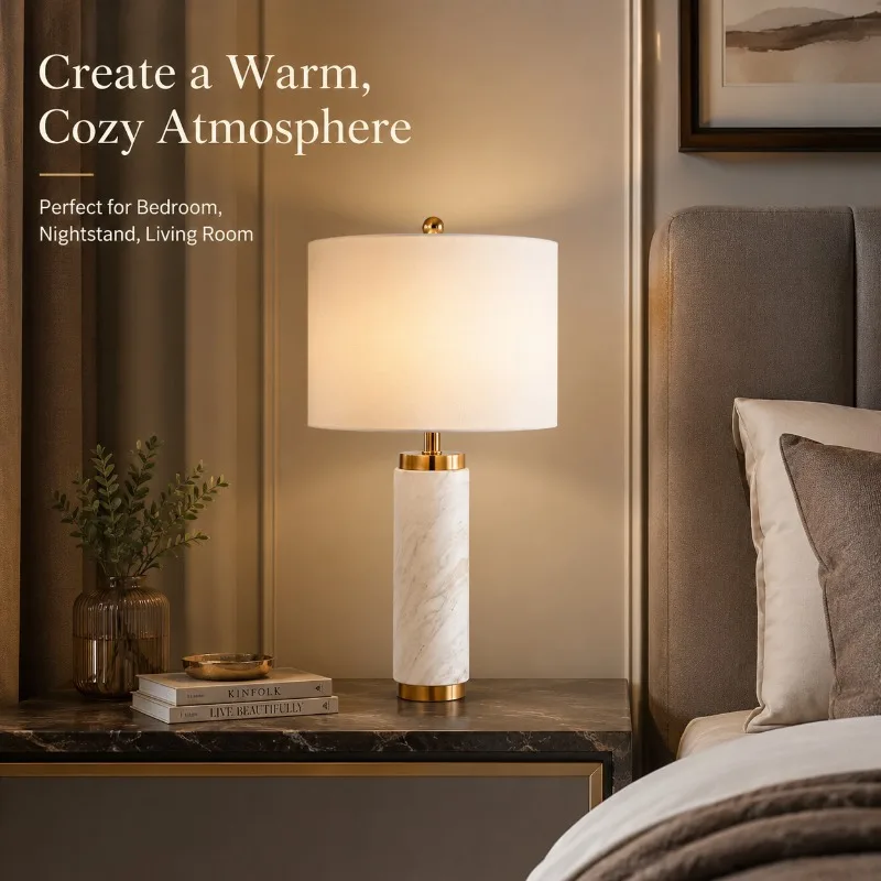Modern Marble Bedside Light Luxury Gold Fabric Shade 3 Color LED Desk Lamp for Bedroom Living Room Office Hotel Home Table Lamp - view 2
