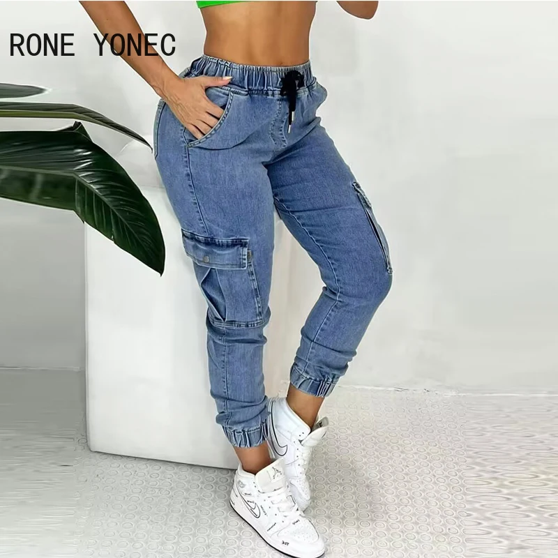 

2024 Women Fashion Chic Casual Multi Pockets Drawstring Ankle Length Denim Pants