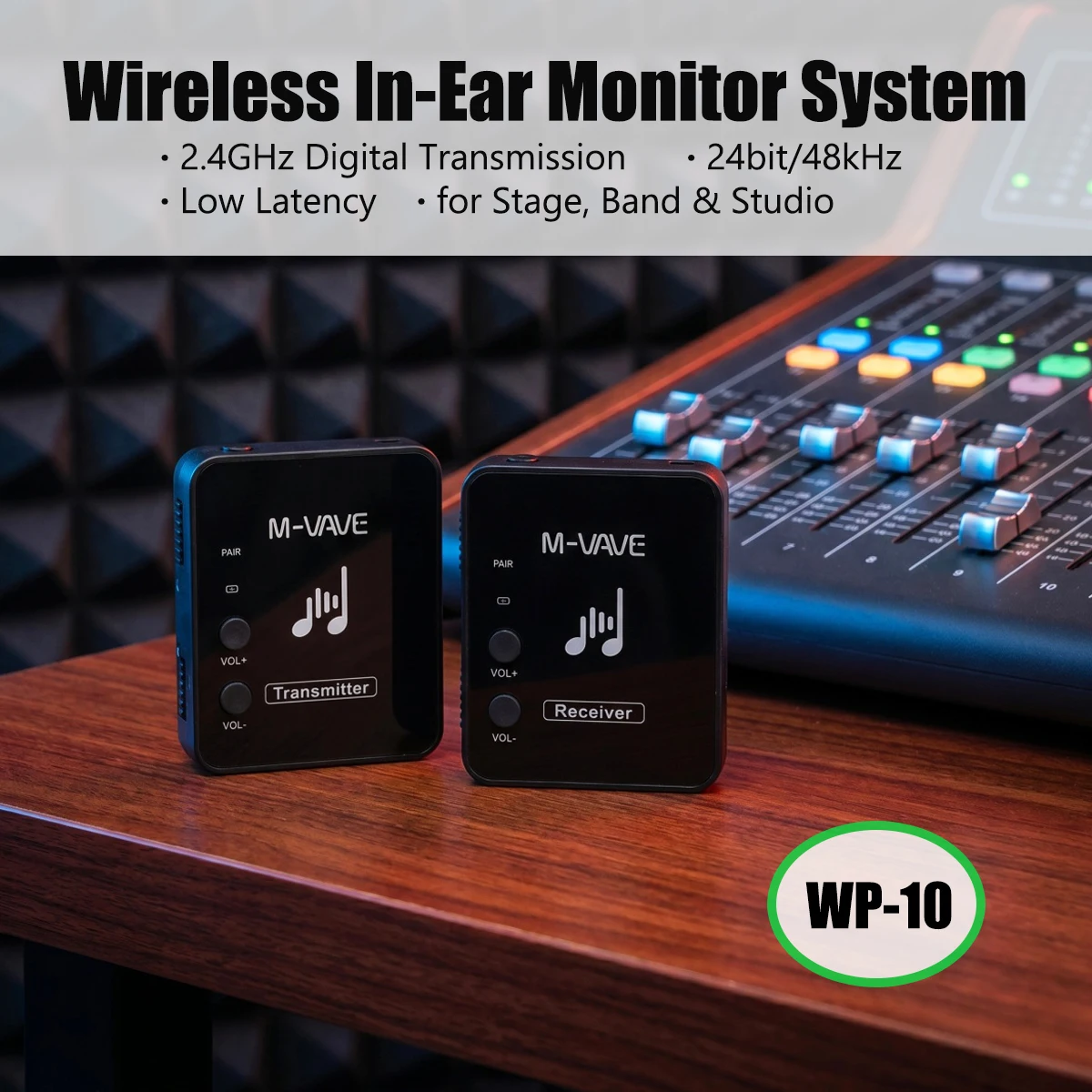 M-VAVE WP-10 Wireless IEM System – Transmitter & Receiver, Low Latency, 780/550mAh Battery, USB-C, Includes Cables view 2