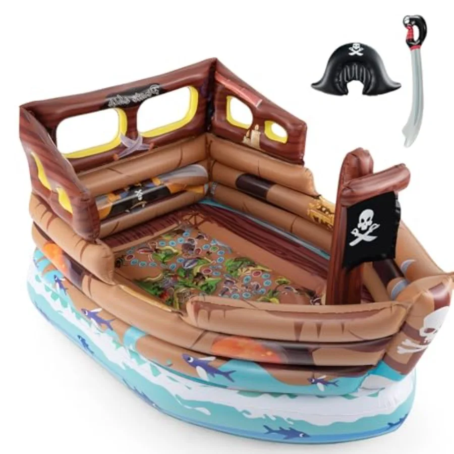 Casa de salto de navio pirata, castelo inflável inflável com tema pirata com motor embutido, espada e chapéu inflável, remendos de reparo, indo