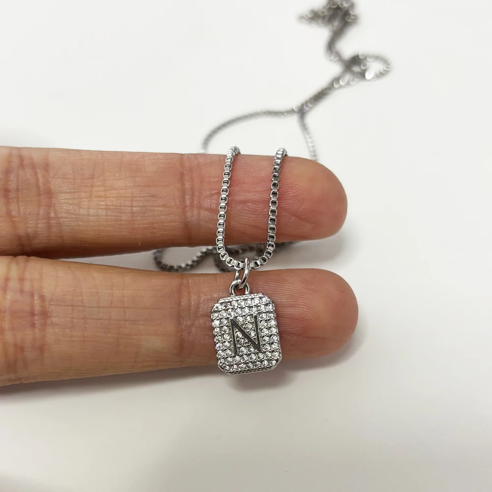 Square Copper Micro Pave CZ Capital Letter Pendant Necklace Women Vintage Gold Color Charm Steel Box Chain Collars Accessories