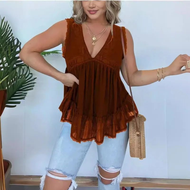 Summer Elegant Golden Velvet Lace Knitted Blouses Sexy V Neck Sleeveless Backless Irregular Pullovers Solid Color Casual Women's