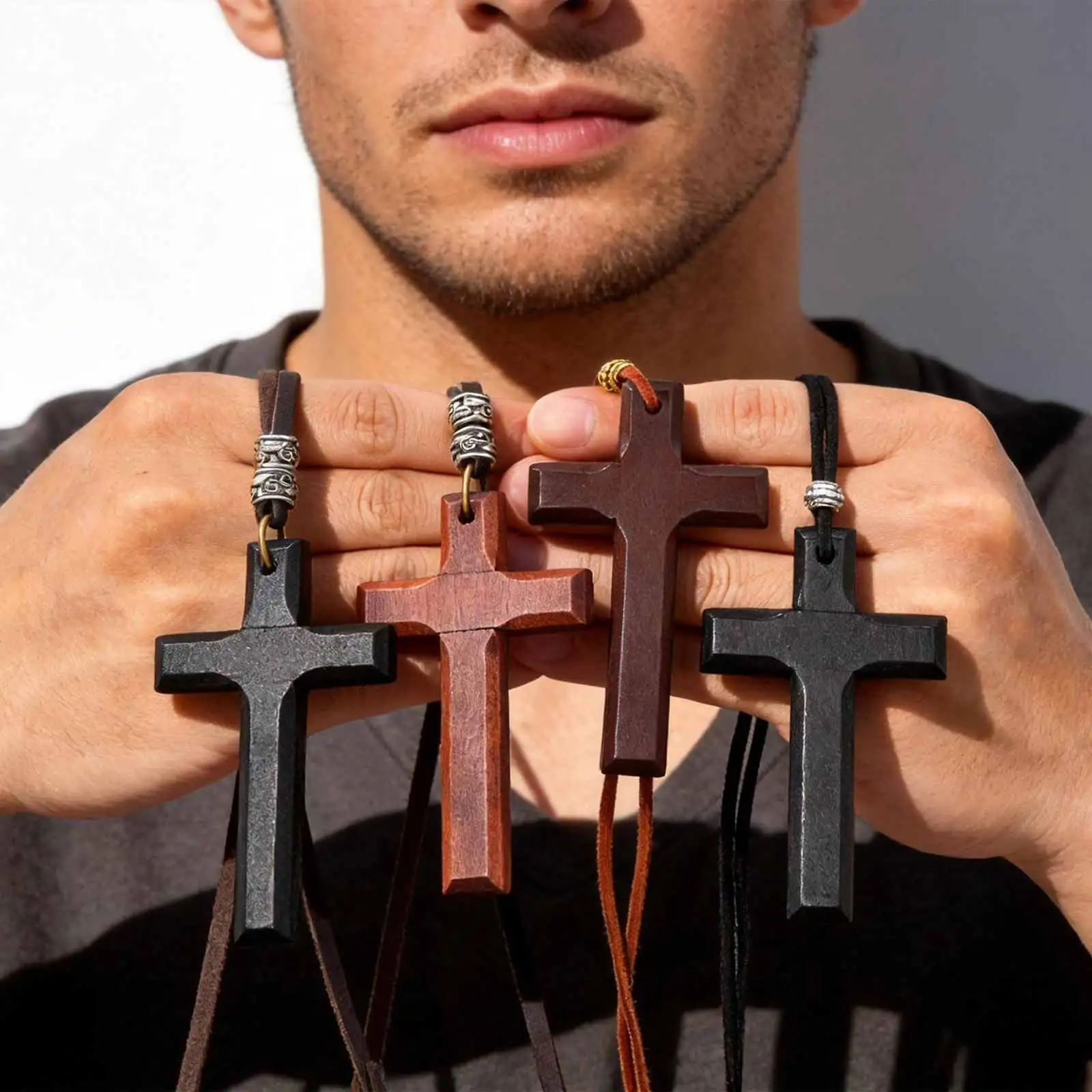 Wooden Cross Necklace for Men Adjustable Leather Chain Big Cross Necklace Retro Catholic Christ Prayer Jewelry Gifts