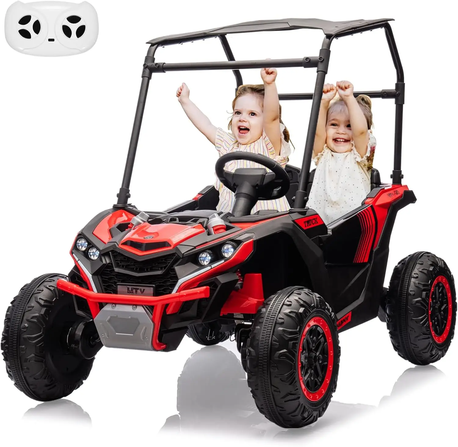 24V Ride On Utv para niños, camión eléctrico de 2 plazas con parasol, coche eléctrico de juguete 4WD con control remoto, luces LED, 4 golpes A
