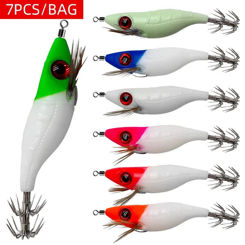 7 unids/bolsa de madera de ojo grande, envoltura luminosa de camarones horizontales, 10cm, gancho de calamar y camarones de madera, cebo redondo para camarones, cebo falso