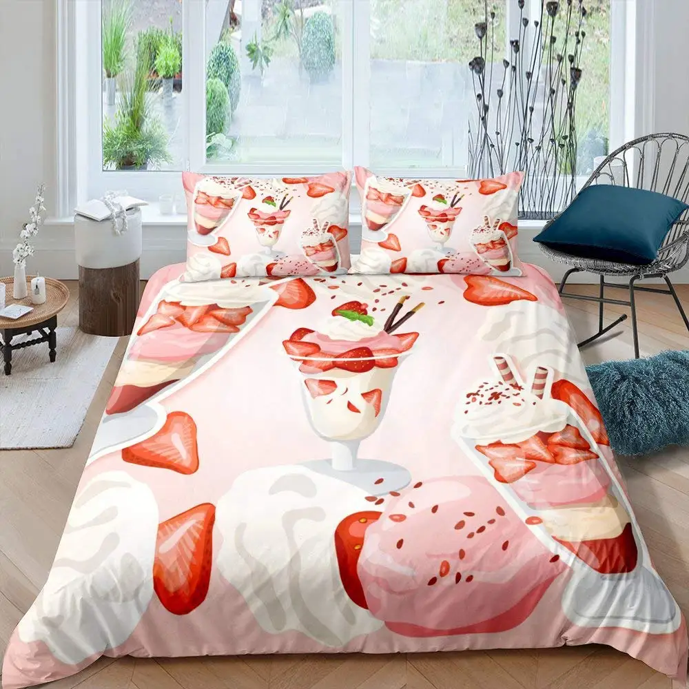 Ice Cream Duvet Cover Set Colourful Cartoon Cup Cake Cherry Lemon Fruit Bedding Set Summer Vacation Style Soft Comforter Cover