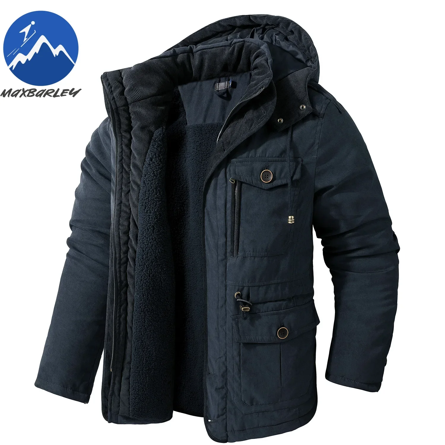 Windproof Fleece Jacket Men\'s Winter Vintage Warm Thick Hooded Parka 2024 New Camping Snow Cold-proof Pocket Coat Men\'s Clothing