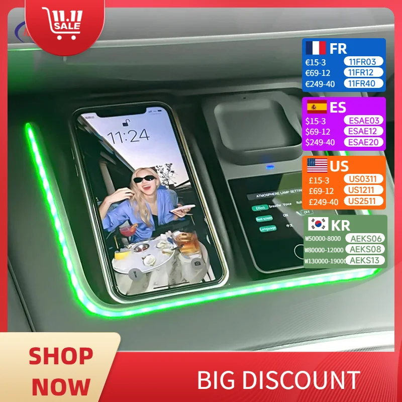 

For Tesla Model Y 2021-2024 Model 3 2021-2023 Wireless Charging Dock For Mobile Phone Headphones Adjustable Ambient Lighting