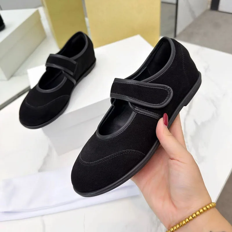 

New Single Shoes Round Toe Cow Suede Solid Color One Strap Flat Shoes Women's Spring Autumn Retro Soft Sole Mary Jane Shoes