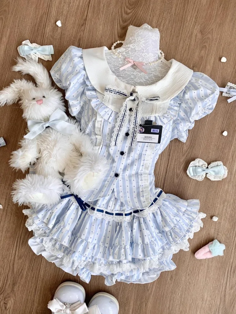 

Japanese Fashion Chic New Y2K Doll Collar Polka Dot Two Piece Outfit Summer Sweet Kawaii Bow Blouse + Lace Mini Skirt Set Women