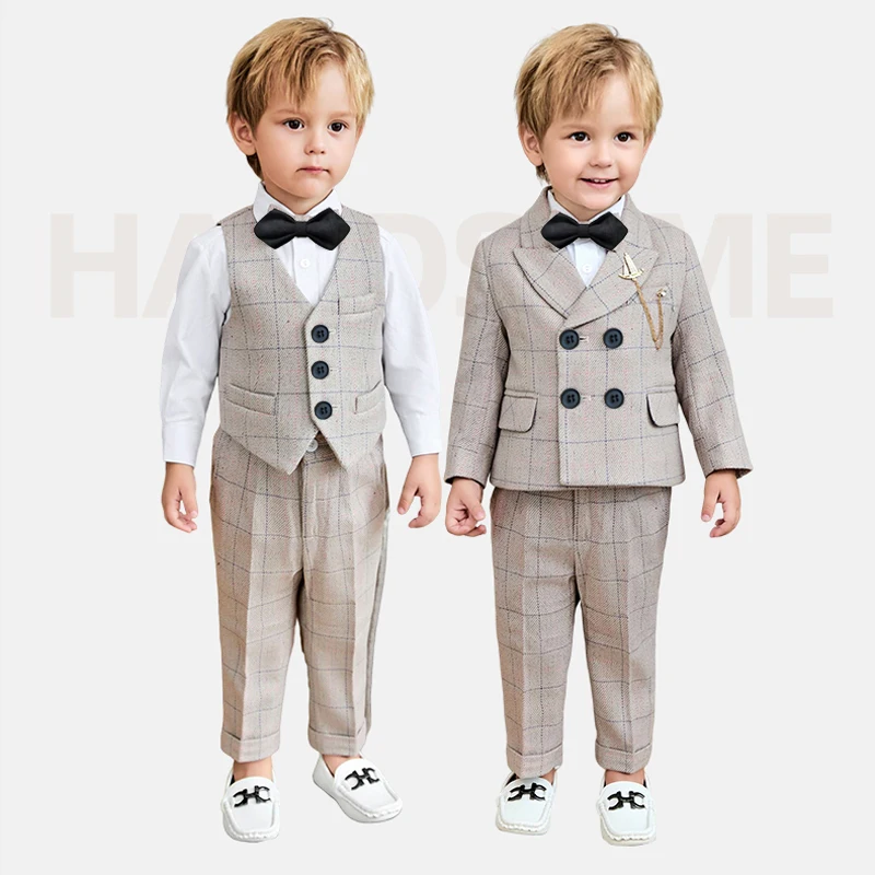 

Children's Formal Plaid Suit Set Boy Wedding Birthday Party Photo Catwalk Costume Kids Blazer Pants Bowtie Clothes