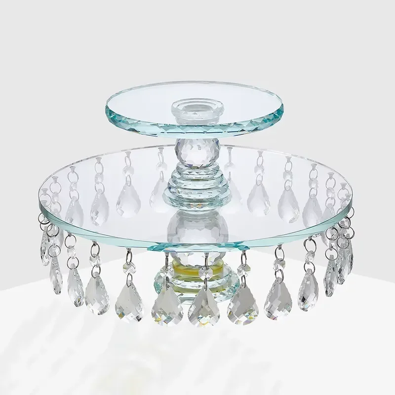 2 Tier Round Crystal Cake Stand with Beads Elegant Wedding Dessert Display Plate for Party Dining Table Decoration Event