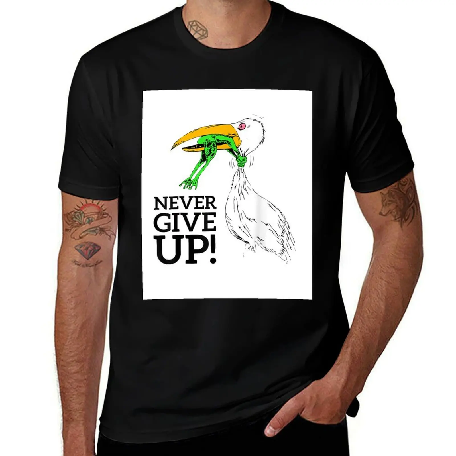 

Never give up stork and frog T-Shirt Man t-shirt designer shirts oversizeds mens graphic t-shirts big and tall