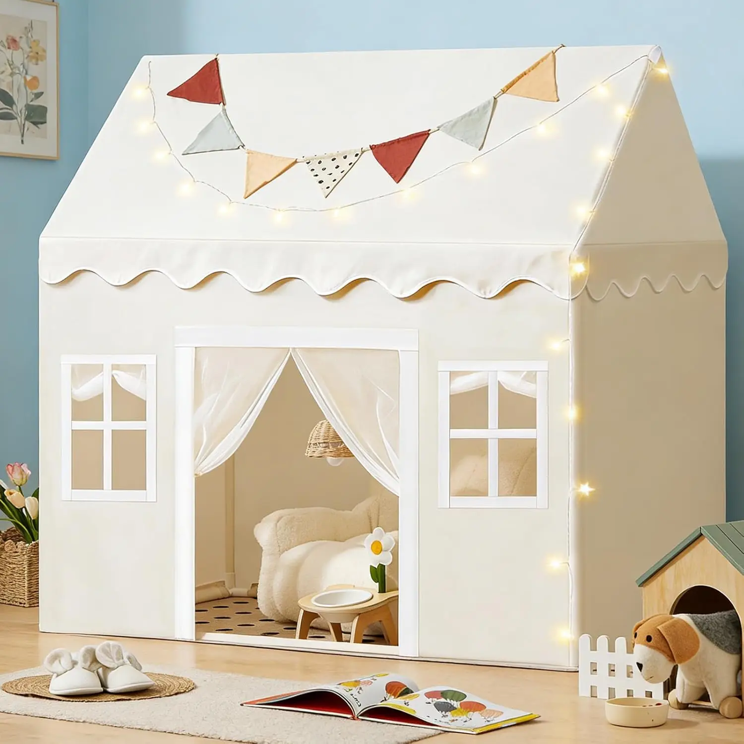 

Игровая палатка Tiny Land с мягким ковриком и LED-подсветкой, детский игровой домик, палатка-кровать для малышей, мебель нейтральных цветов