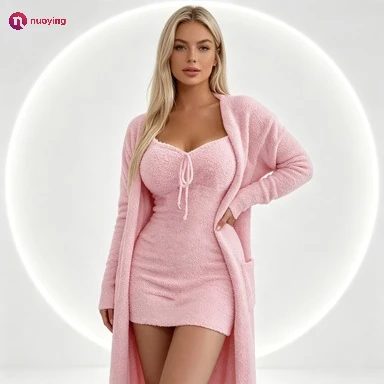 Damen-Set aus zweiteiligem Teddy-Samt-Homewear-Outfit für Herbst und Winter, schmal geschnittenes Kleid mit passendem Cardigan-Mantel, weicher, gemütlicher Loungewear-Anzug für Frauen