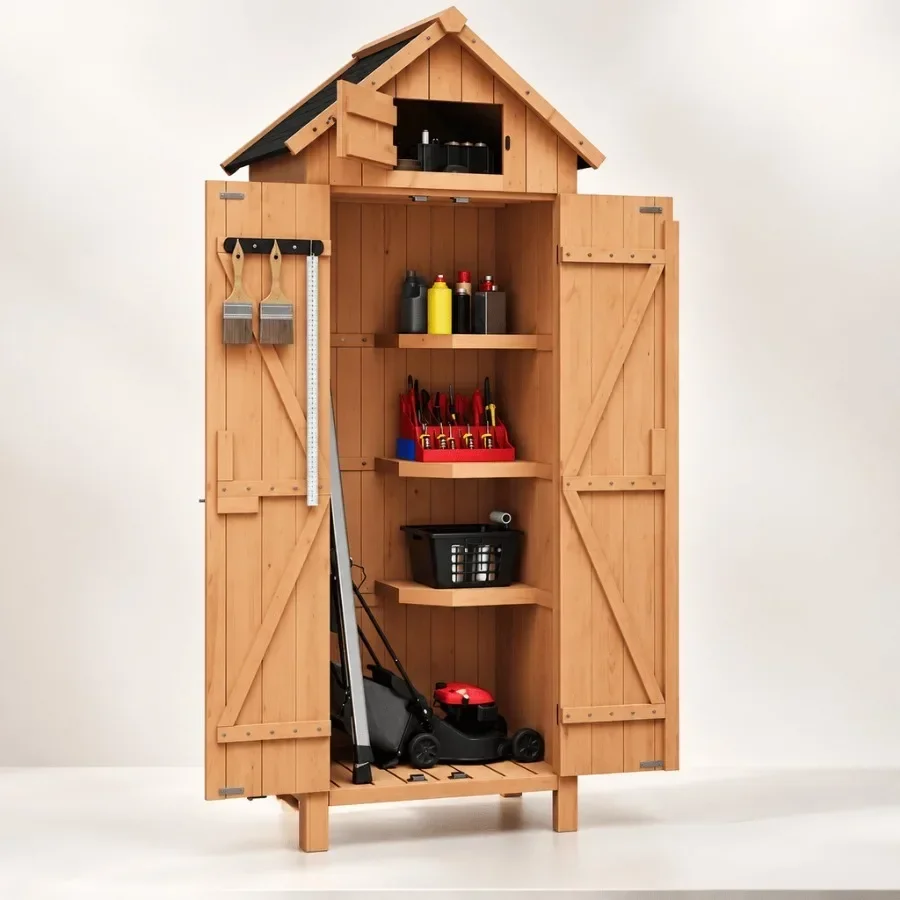Wooden Outdoor Storage Cabinet for Backyard Balcony, Natural Wood Tone, Weather-Resistant Finish, Space-Saving Tool Organizer