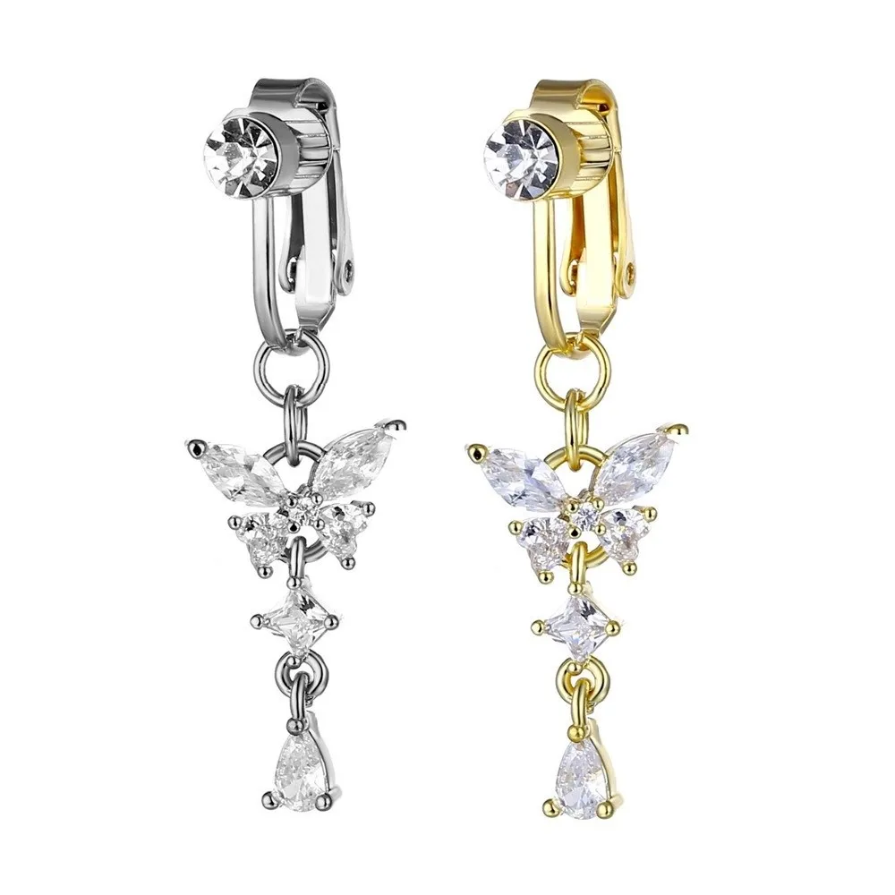Zircon Clip on Belly Button Ring Heart Design Dangling Chain Style Fake Belly Button Butterfly Gold No Piercing Belly Ring
