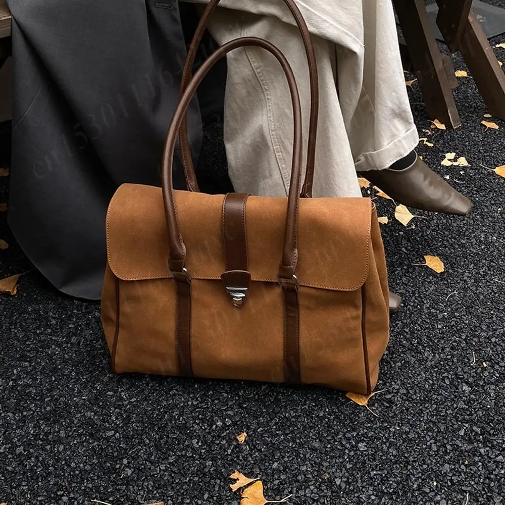 

Faux Suede Tote Handbag Vintage Shoulder Bag Large Capacity Travel Top-Handle Bags Women Underarm Pouch Retro Commuter Bag