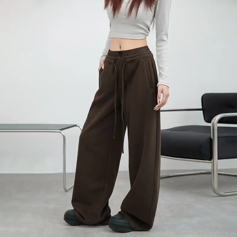 2025 New Drawstring Khaki Sweatpants Women Autumn Winter American Retro Baggy Wide Leg Trousers New Versatile Skateboard Pants