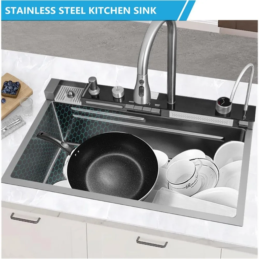 العرض الرقمي حوض مطبخ واحد تنقش الأخدود الكبير 304 الفولاذ المقاوم للصدأ نانو الأسود المطر شلال بالوعة مع الضغط