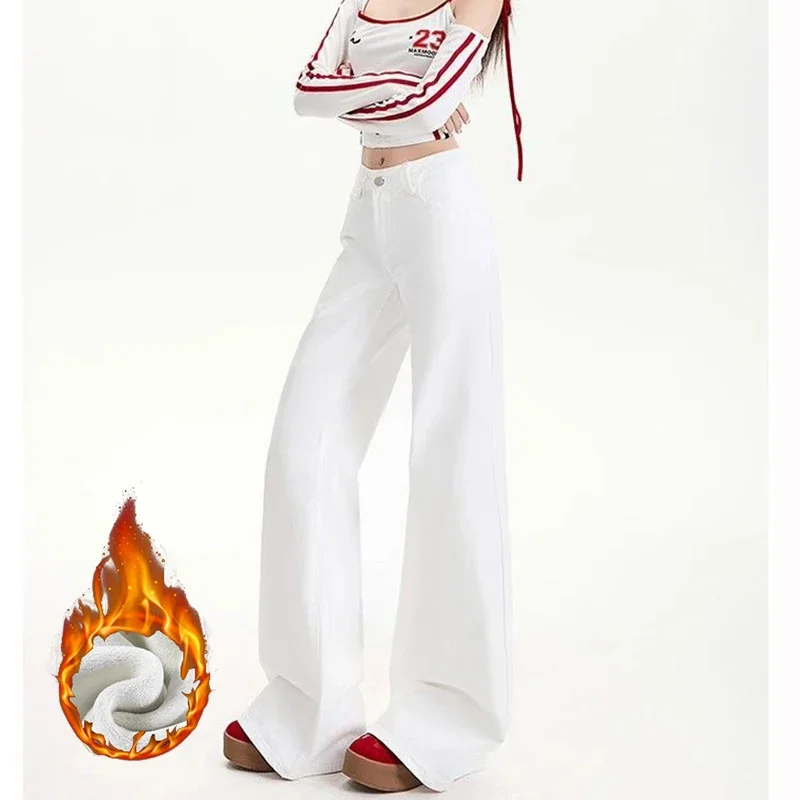 

Зимние классические женские термоклешные джинсы для девочек, однотонные плюшевые джинсовые брюки с высокой талией, женские зимние теплые тонкие флисовые брюки