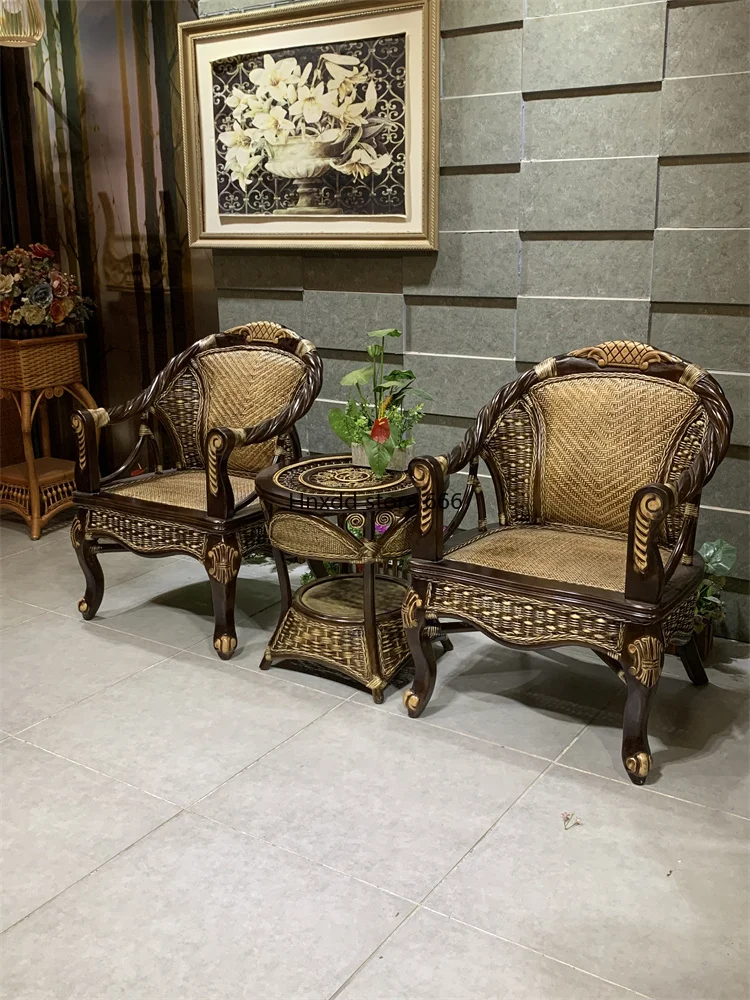 Solid wood natural rattan chair three-piece balcony elderly leisure back chair