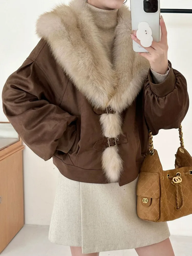 ZMEENNA 여성용 카키 코튼 봄버 재킷 모피 칼라 루즈 캐주얼 짧은 아웃웨어 퍼프 슬리브 겨울 코트 ZM4566