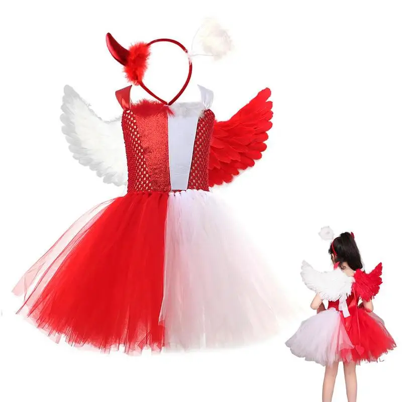 Angel Devil Cosplay Costume Red White Tween Halloween Dress Costume Angel And Devil Costume Accessory With Tulle Wing Headband