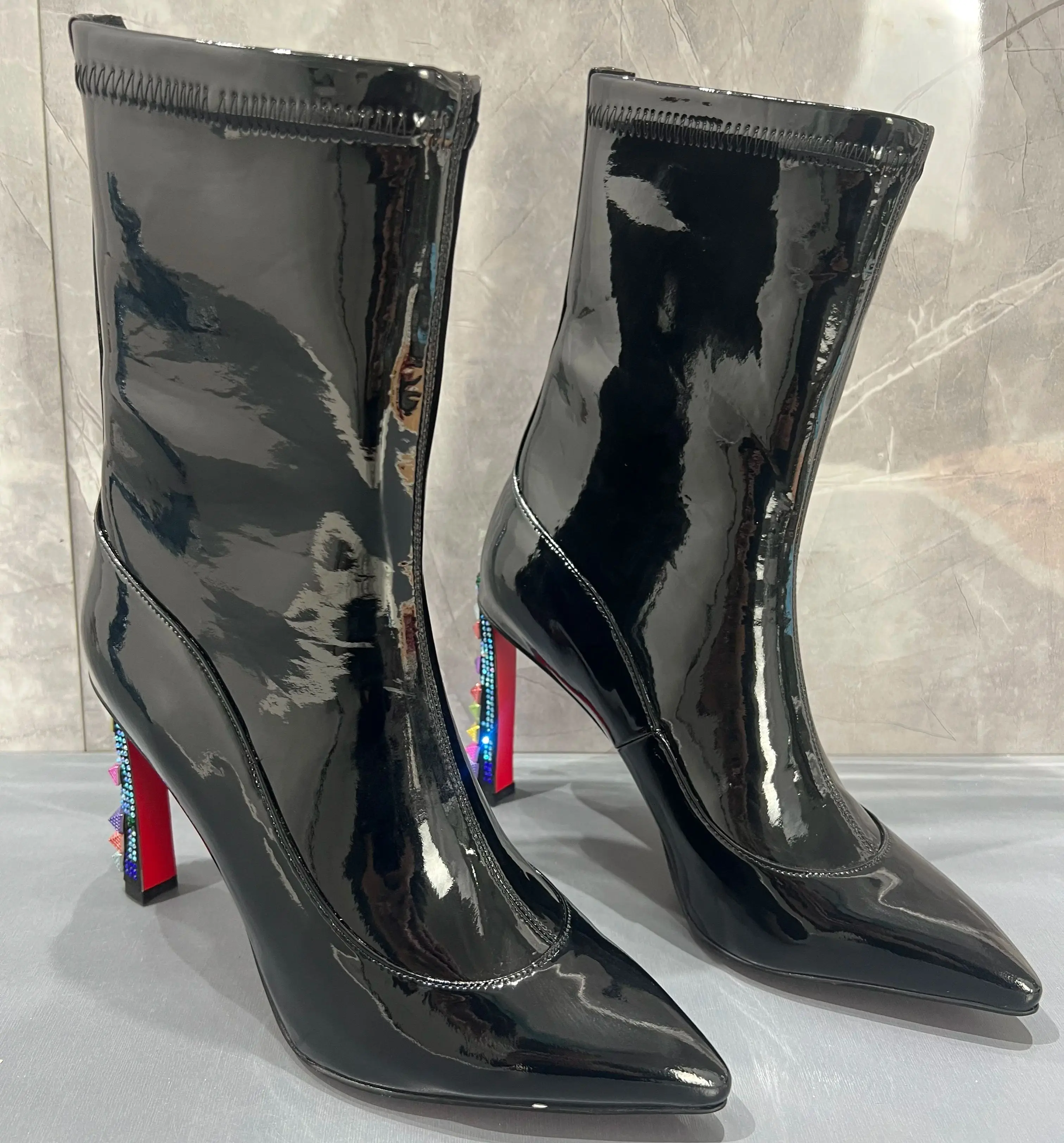 

Rivets Rhinestones Heels Design Stiletto Sexy Pumps Black Patent Leather Women's Ankle Boots Wedding Pointy High-Heeled Botas