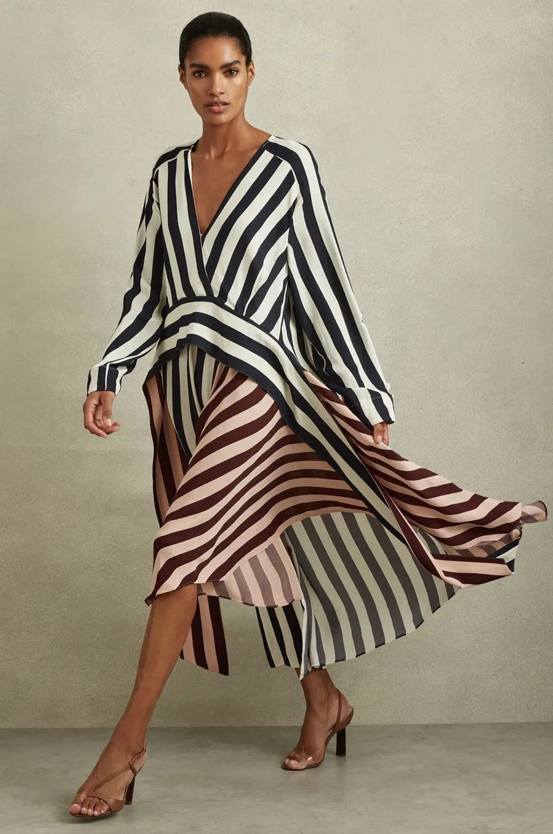 KEXU Elegant Women Full Sleeve V Neck Loose Midi Shirt Dress 2024 Fashion Stripe Patchwork Big Swing Casual Street Dresses