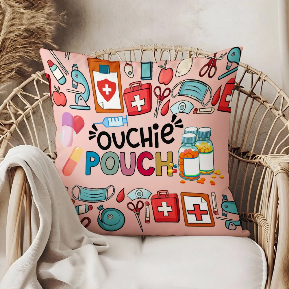 Square Throw Pillow Pink Medical Theme Ouchie Pouch Print With First Aid Kit Scissors Pills And Stethoscope Illustrations For Nu