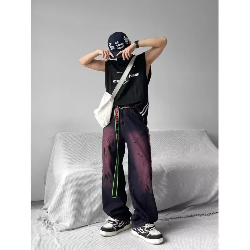 

American Retro Color Washed Tie-dye Raw Edge Jeans Women's Straight-leg Pants Korean Fashion Baggy Wide-leg Pants Y2k Clothes