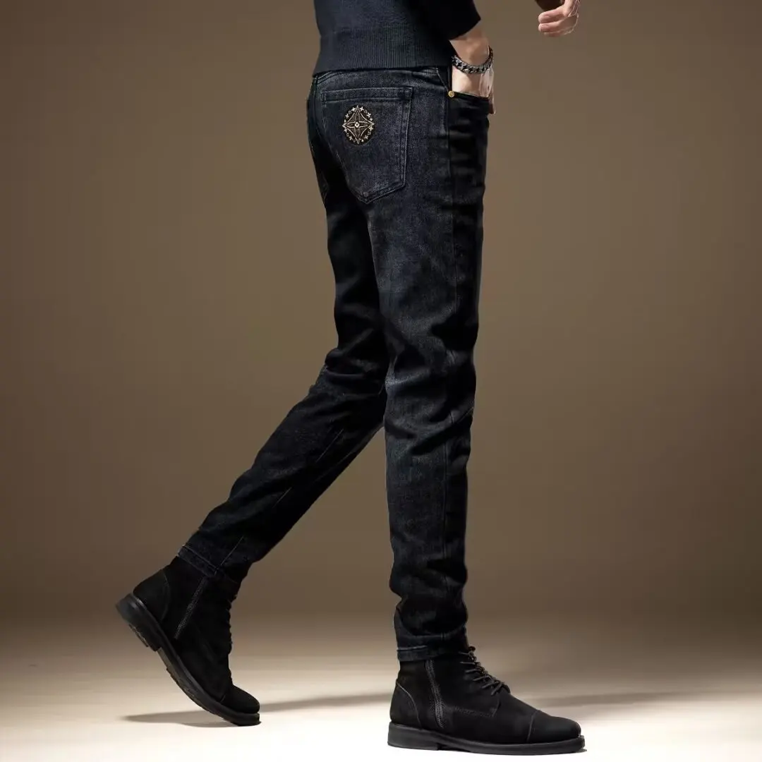 Simple Men Slim Casual Straight Fashion Classic Pants Cargo Denim Jeans Solid Streetwear Trousers Men's Stretchy Denim Jeans