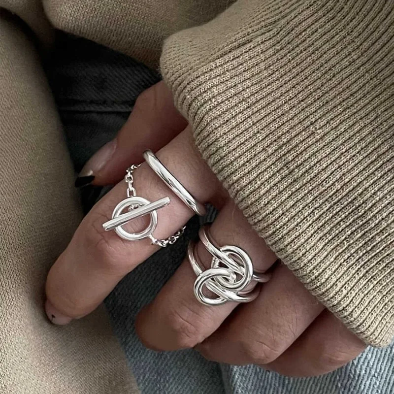 BF CLUB 925 Sterling Silver Rings For Women Open Minimalist Retro Chain Ring Creative Anillos Bague Fine Jewelry