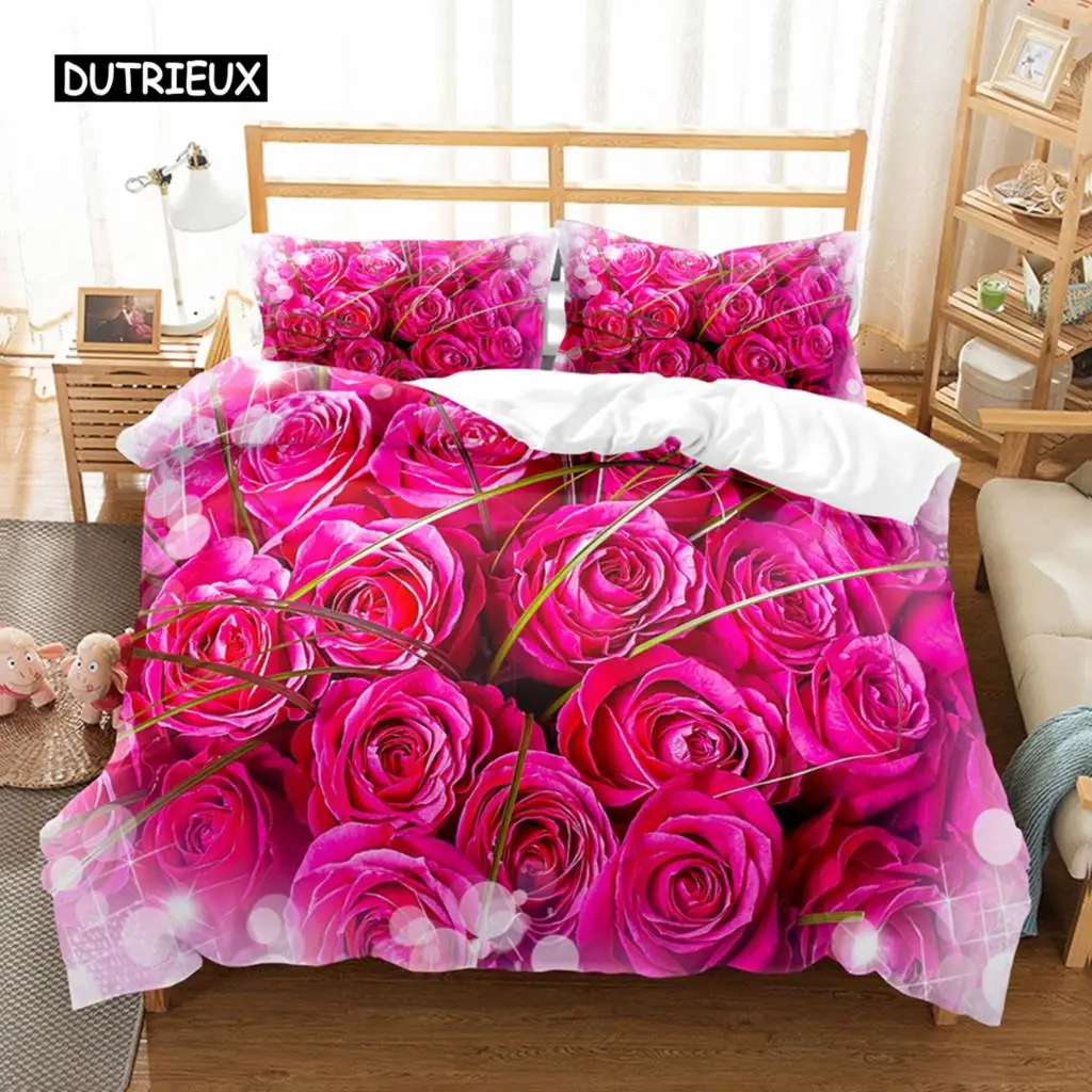 Pink Rose Duvet Cover Rose Twin Bedding Set for Valentine's Day Mother's Day Flower Theme Double Twin King Polyester Quilt Cover