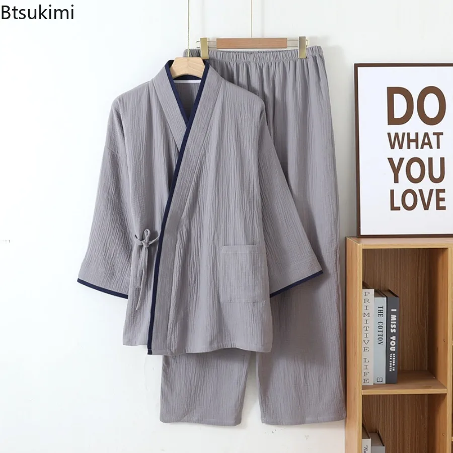 New 2025 Summer Men's Pure Cotton Pajamas Long Sleeved and Pants Two-piece Set Sleepwear for Men Solid Color Thin Home Clothing