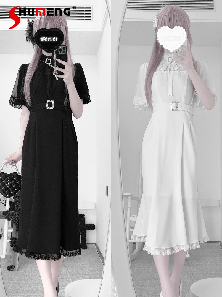 

Original Mine Mass-produced Lo Short-sleeved White Dress Op Summer New Girl Woman Slim-Fit Sweet Elegant Lace Cape Long Dress