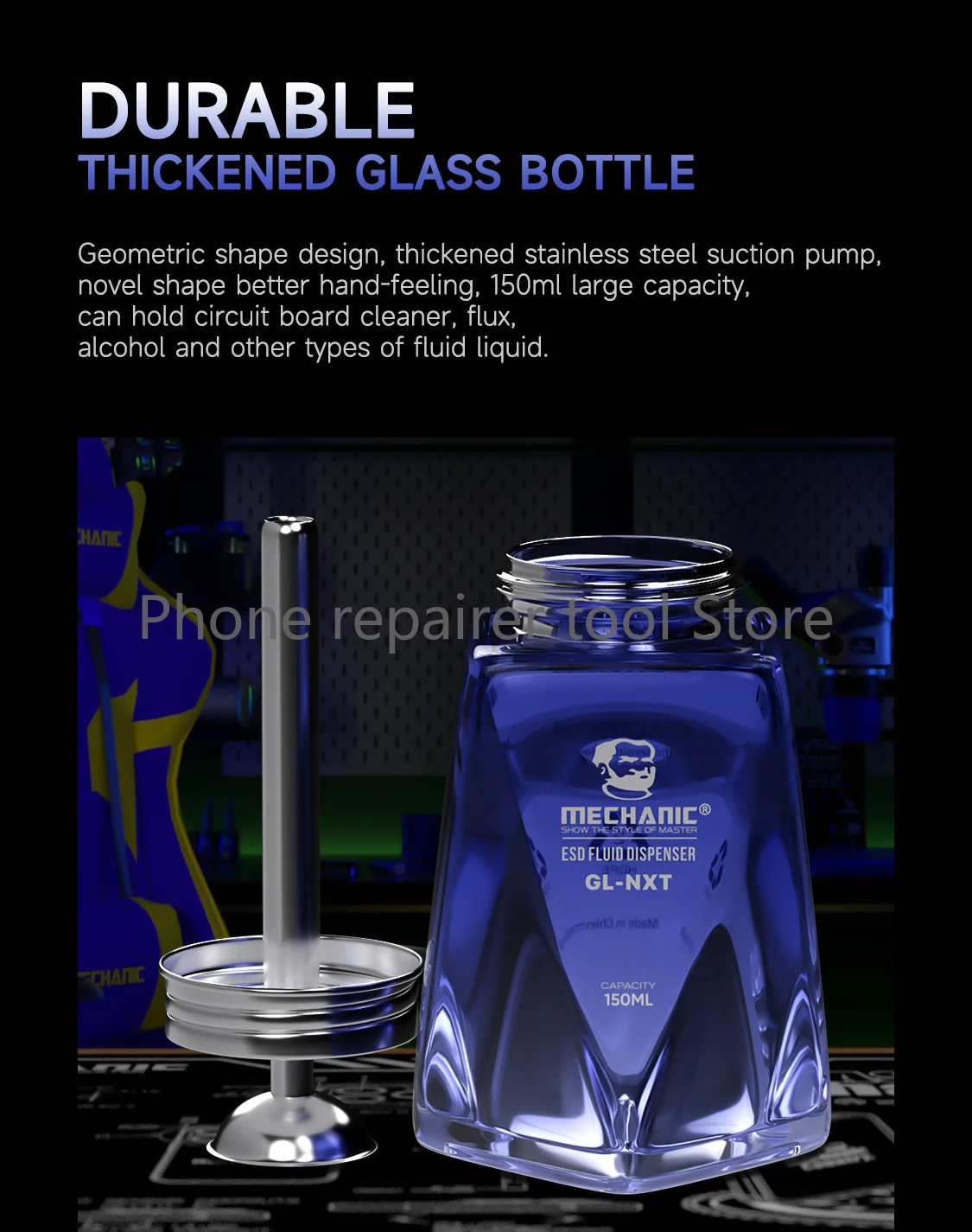mechanic GL-NXT Glass Alcohol Dispenser 150ML Large Water Tray 3Layer Filtration Anti Splash Clog Free Heavy Duty Tempered Glass