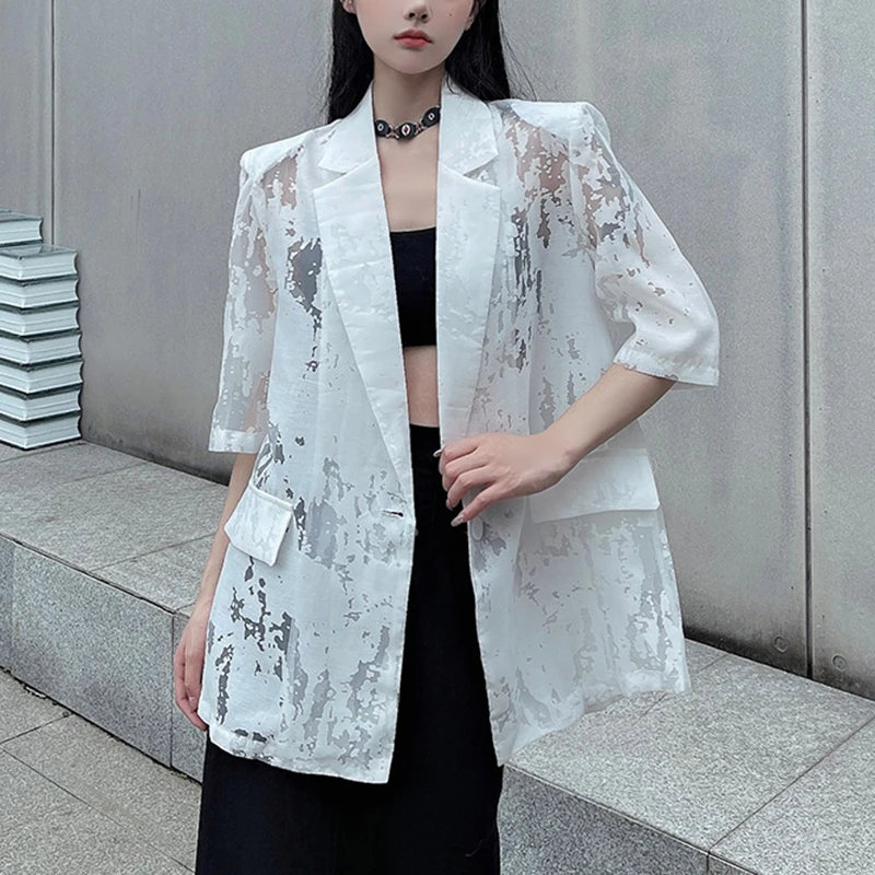 

Women Hollow Out Short Sleeve Blazer Suit Jacket Summer Thin Coat Top Daily Chic Notched Collar Suit Jacket Coat Black White