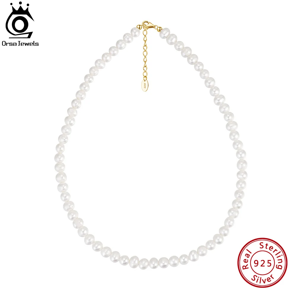 ORSA JEWELS 14K Gold 6MM Freshwater Pearls Beaded Necklace 925 Sterling Silver Simple Round Pearl Neck Chain Lobster Clasp GPN26