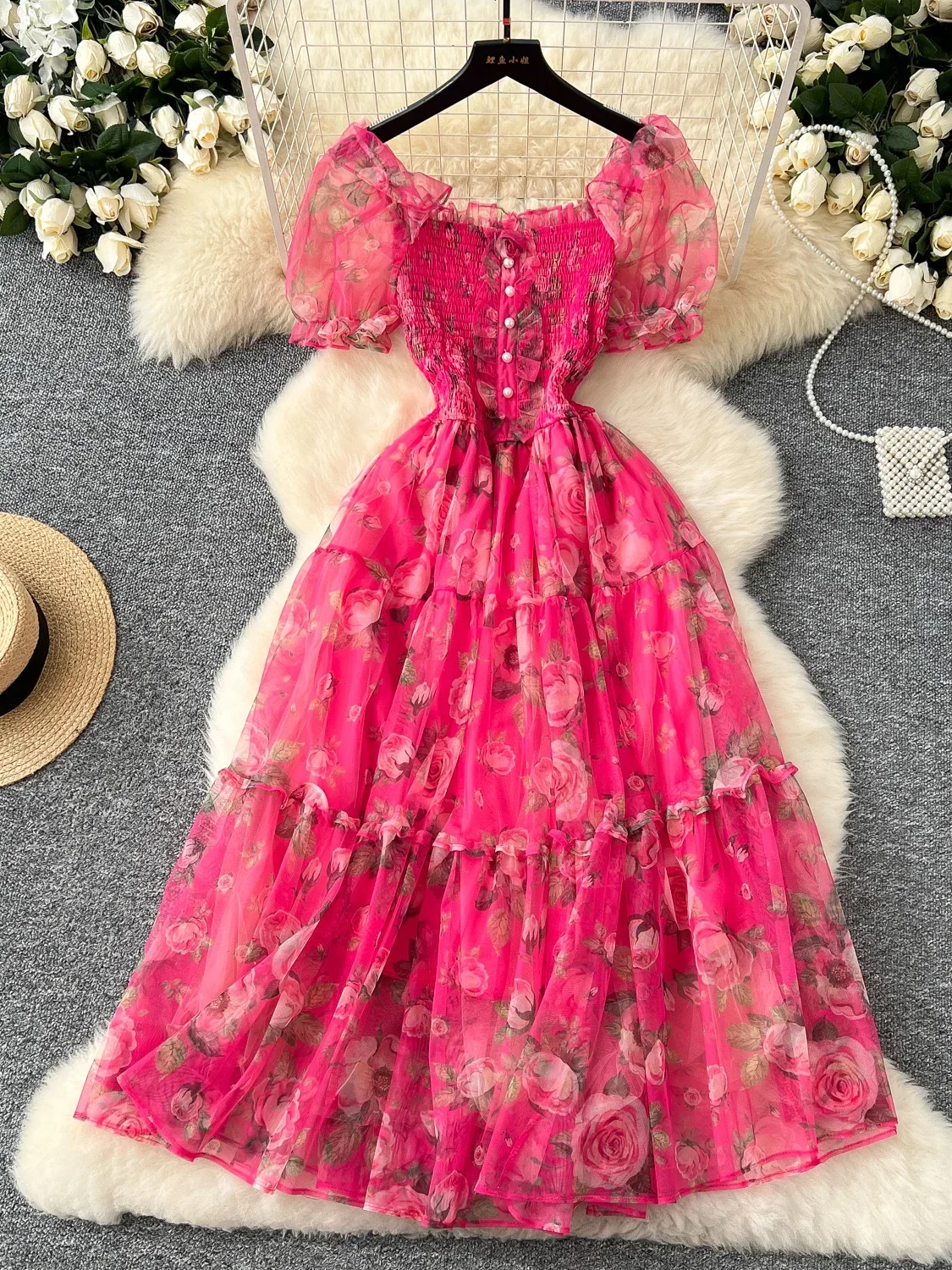 Summer Vintage Women Floral Mesh Midi Dress Elegant Square Collar Short  Puff Sleeve High Waist A-Line Vestidos Female Robe New - AliExpress