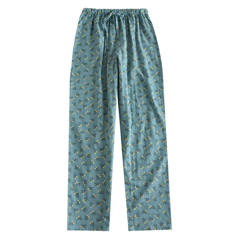 New Double Cotton Gauze Trousers Soft Breathable Casual Women\'s Pajama Pants Elastic Waist Print Sleep Bottoms Lounge Wear