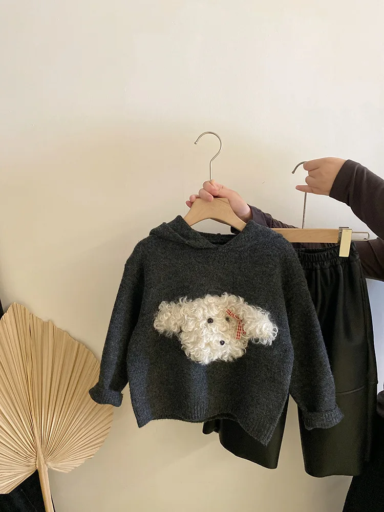 

Girls' Cartoon Curly Puppy Hooded Knit Sweater Autumn Winter New Fleece Warm Leather Pants Set