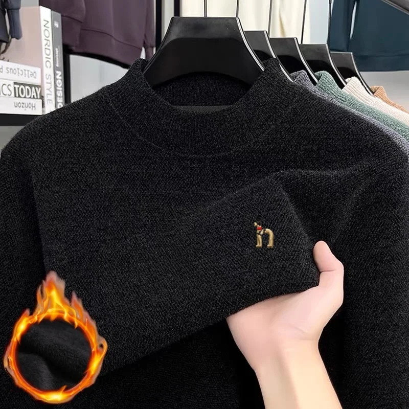 

Luxury customized winter new men's round neck knitted sweater comfortable velvet warm pullover Korean style dog embroidery top