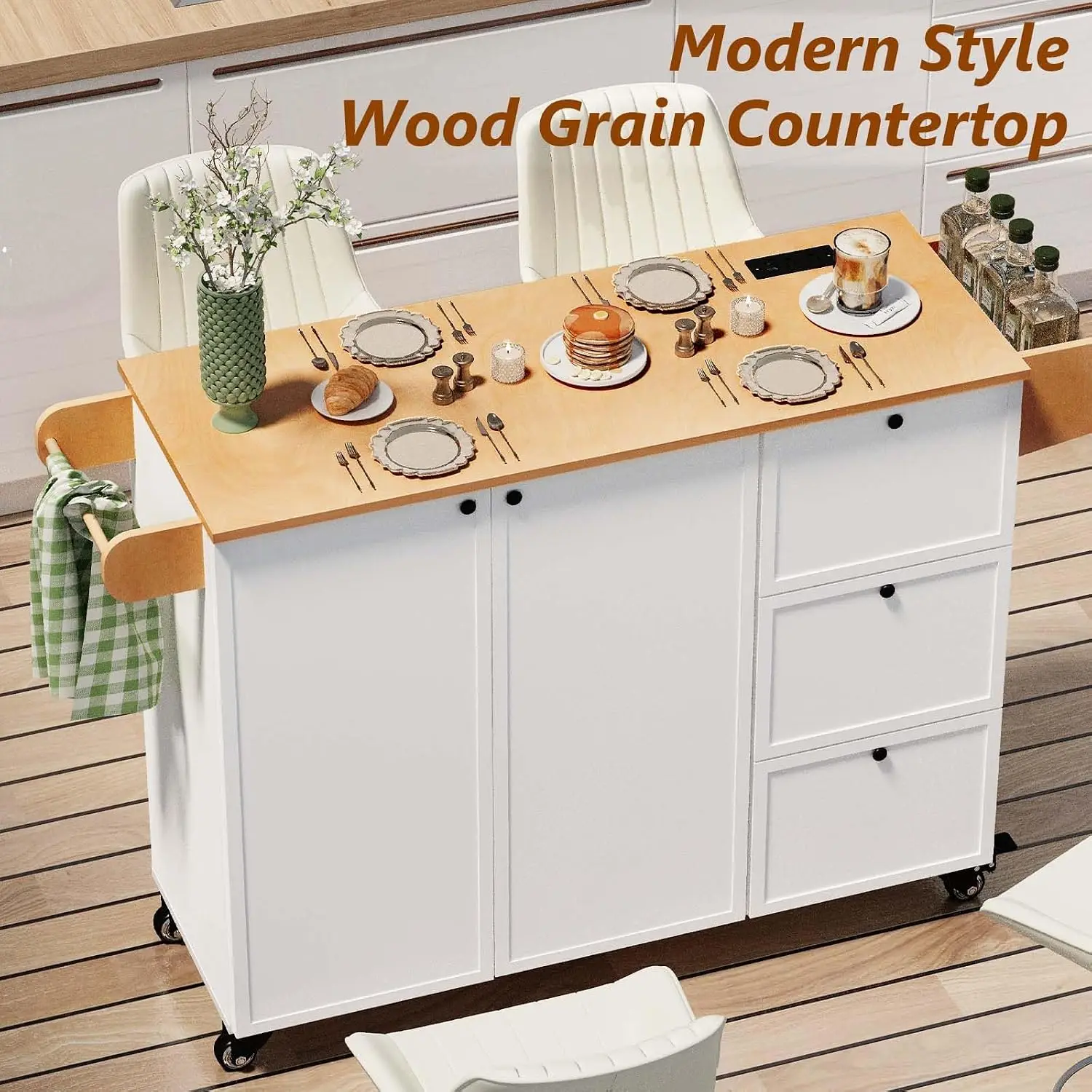 Wood Top Rolling Kitchen Island with Storage & Microwave Cart, Oak, Customized