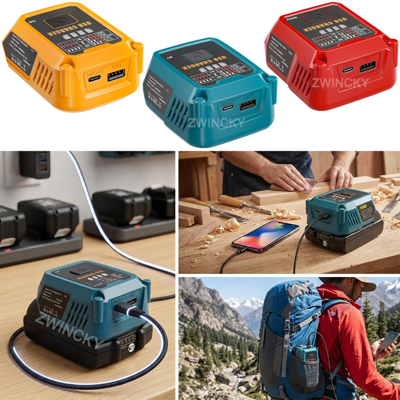 for Makita/Dewal/Milwaukee/Bosch 18V Li-ion Battery 100W 2-IN-1 Charging Adapter With USB Type-C  Port  for Travel Emergency Use