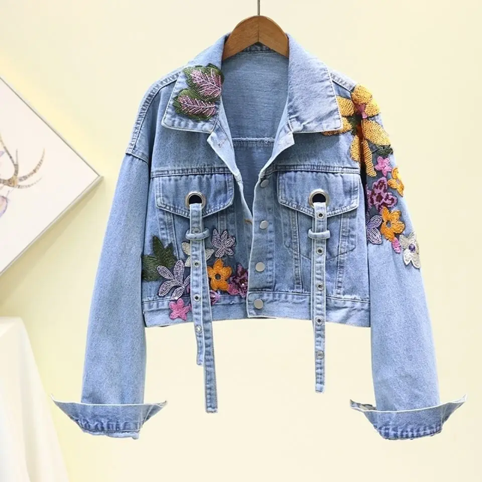 Sequin Floral Embroidery Jeans Jacket Women Feminine Spring Autumn Denim Jackets Coat Female Short Long Sleeve Outerwear Femme