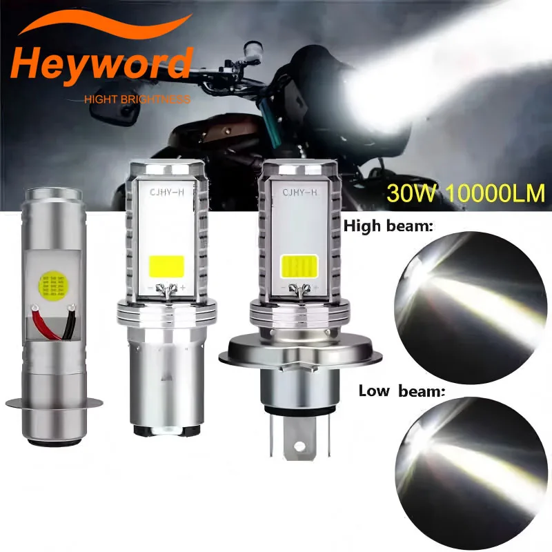 Heyword 30W 10000LM H4/P15D/BA20D LED 2COB bombilla para faro de motocicleta 6000K haz de luz Hi/LO